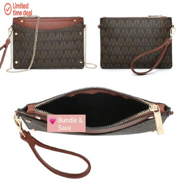 Medium Tote Bag with Wristlet Set, Vegan Leather, Monogram Design - Picture 7 of 8